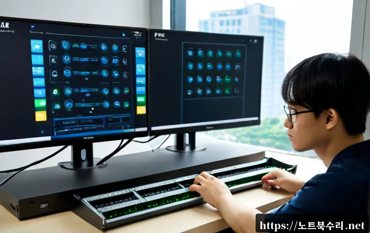 광석동 네트워크구축 설정 및 세팅오류해결 - Photorealistic IT technician configuring a compact office network rack, organized patch cables, rout...