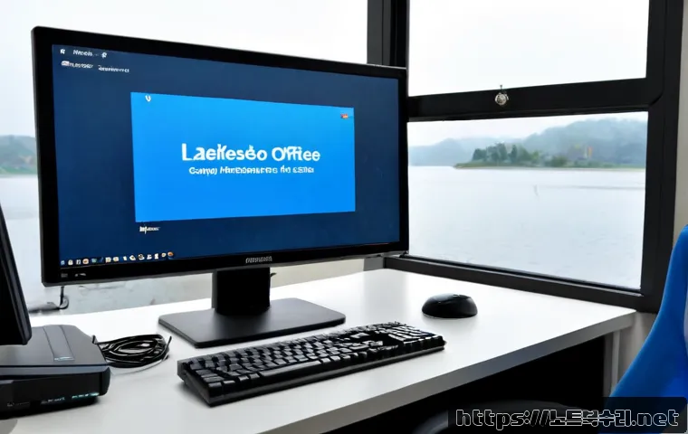 호수동 CRITICAL_PROCESS_DIED - Photorealistic lakeside district home office, frustrated IT technician facing a desktop monitor with...