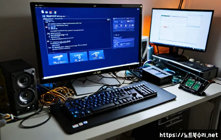 이태원 MACHINE_CHECK_EXCEPTION - Photorealistic compact PC repair workstation in an Itaewon hillside apartment studio, desktop monito...