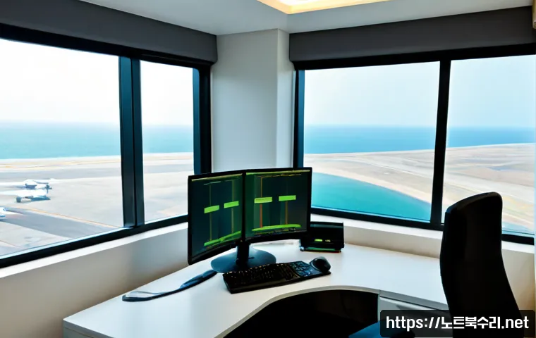 영종도 STATUS_IMAGE_CHECKSUM_MISMATCH - Photorealistic remote-support workstation in a modern coastal office near an international airport, ...