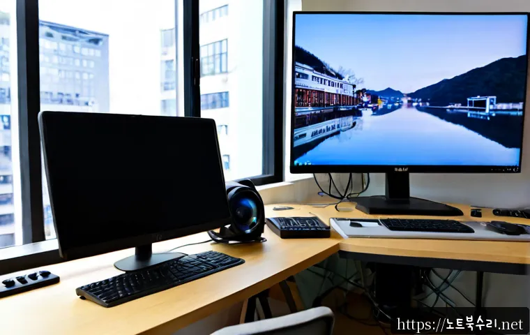 당인동 MEMORY_MANAGEMENT - Photorealistic remote-support workstation in a compact Dangin-dong studio office, dual monitors disp...