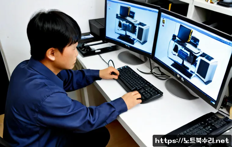 행신동 HDD조립 및 교체수리 - Photorealistic computer repair workstation in a compact Goyang neighborhood office, technician caref...