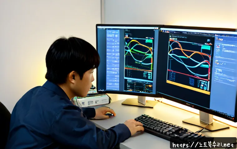성석동 NDIS_INTERNAL_ERROR - Photorealistic IT support workstation in a compact Seongseok-dong office, dual monitors showing a cl...