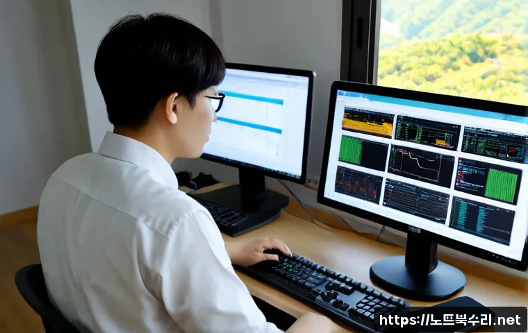 양지동 STATUS_INVALID_DISPOSITION - Photorealistic IT support workstation in a quiet Yangji-dong apartment office, dual monitors showing...