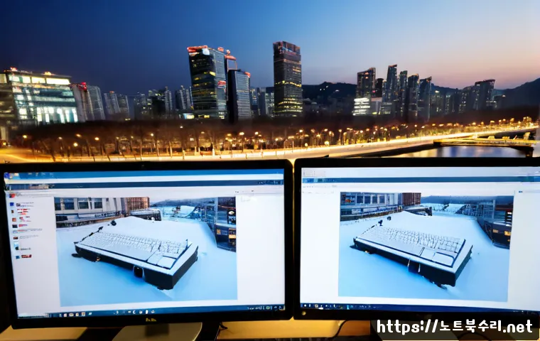 영등포구 프로그램응답없음 - Photorealistic office workstation in Yeongdeungpo, Seoul, dual monitors showing a frozen unbranded a...