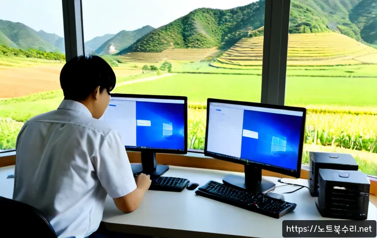양사면 STATUS_KERNEL_MODULE_INVALID - Photorealistic IT support workstation in a quiet rural Korean office, dual monitors showing abstract...