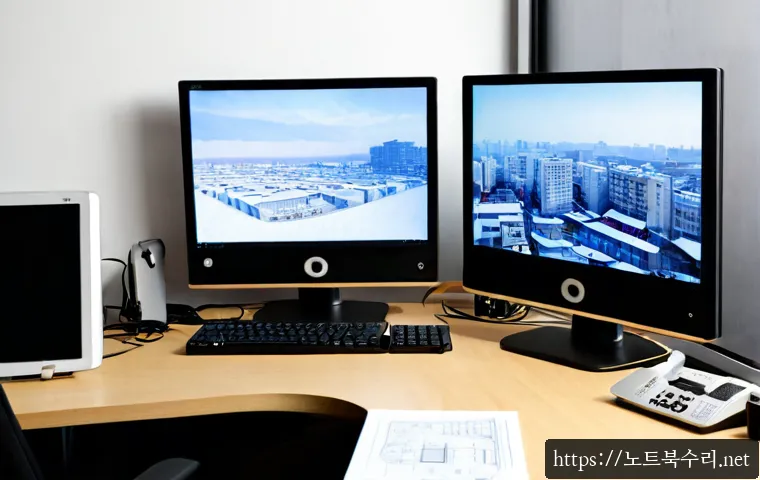 혜화동 STATUS_KERNEL_POWER_FAILURE - Photorealistic remote-support workstation in a compact Hyehwa-dong design studio, dual monitors show...