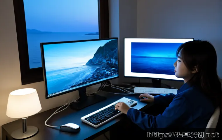 해안동 VIDEO_TDR_FAILURE - Photorealistic coastal apartment home office at dusk, a desktop workstation with dual monitors froze...