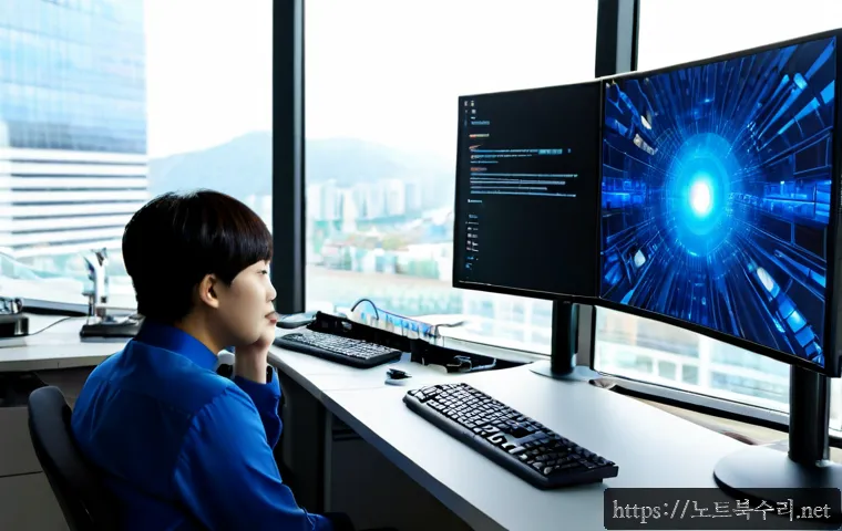 정자동 STATUS_KERNEL_HEAP_CORRUPTION - Photorealistic IT support workstation in Jeongja’s modern business district, dual monitors showing a...