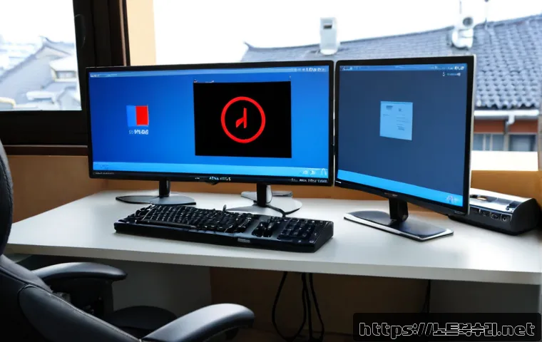 하사창동 STATUS_FILE_WRITE_FAILURE - Photorealistic remote-support workstation in a compact Korean apartment office, frustrated technicia...