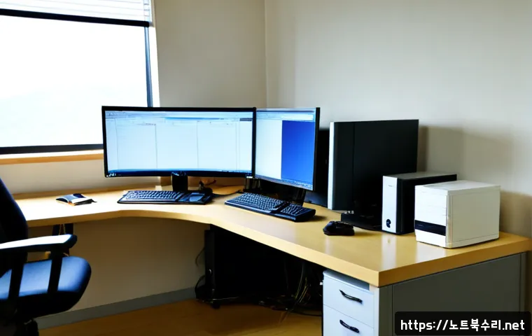 파주읍 STATUS_PAGEFILE_MISSING - Photorealistic IT support workstation in a quiet Paju-eup office, dual monitors showing a clean gene...