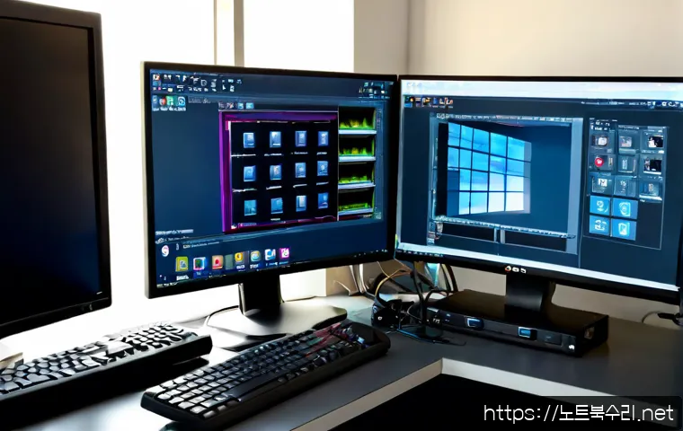 묵정동 DRIVER_CORRUPTED_EXPOOL - Photorealistic IT support workstation in a compact Mukjeong-dong office, dual monitors showing a cle...