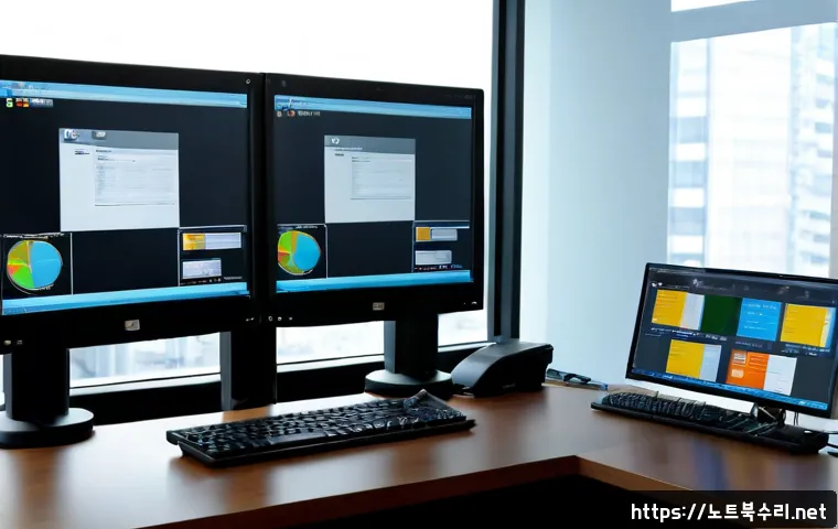 인의동 CDFS_FILE_SYSTEM - Photorealistic IT support workstation in an Inui-dong office, dual monitors showing abstract file re...