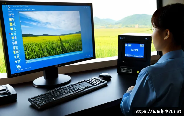 율면 NTFS_FILE_SYSTEM - Photorealistic IT support workstation in a quiet rural Korean office, desktop monitor showing a non-...