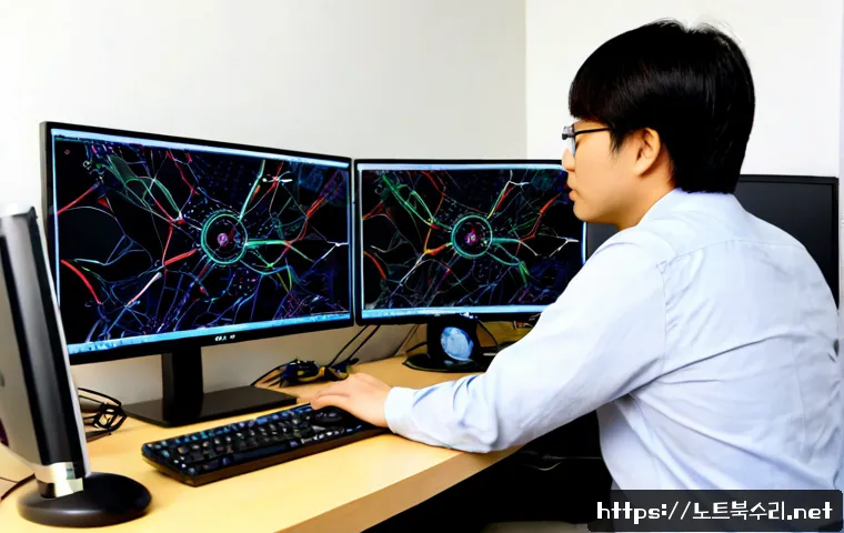 보산동 STATUS_NETWORK_ACCESS_DENIED - Photorealistic IT support workstation in a compact Korean neighborhood office, dual monitors showing...