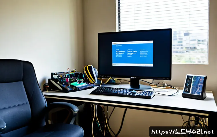 도당동 부팅불가 - Photorealistic computer repair workstation in a compact neighborhood office, desktop tower opened be...