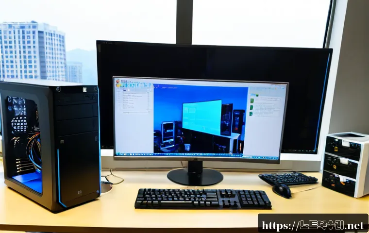 소공동 SYSTEM_THREAD_EXCEPTION_NOT_HANDLED - Photorealistic IT support workstation in a polished Sogong-dong corporate office, dual monitors with...