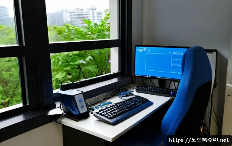 이문동 INTERNAL_POWER_ERROR - Photorealistic IT support workstation in a compact apartment near a leafy university neighborhood, d...