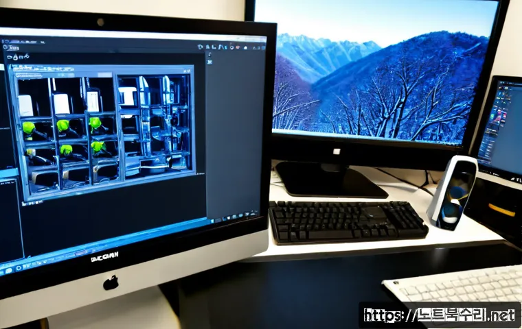 주암동 컴퓨터멈춤 - Photorealistic PC repair workstation in Juam-dong, frozen desktop computer during a complex 3D CAD m...