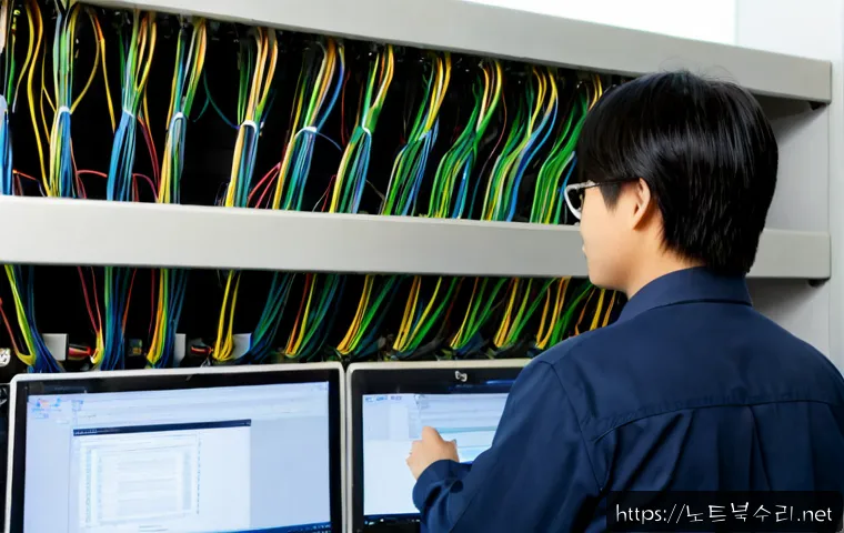 입정동 네트워크구축 설정 및 세팅오류해결 - Photorealistic IT technician configuring a compact office network workstation in an Ipjeong-dong sty...