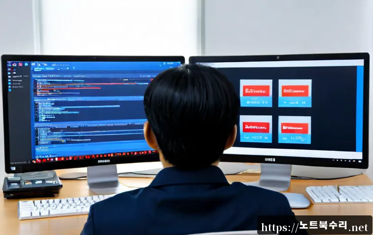 능곡동 ATTEMPTED_EXECUTE_OF_NOEXECUTE_MEMORY - Photorealistic IT support workstation in a compact Korean neighborhood office, technician viewing a ...