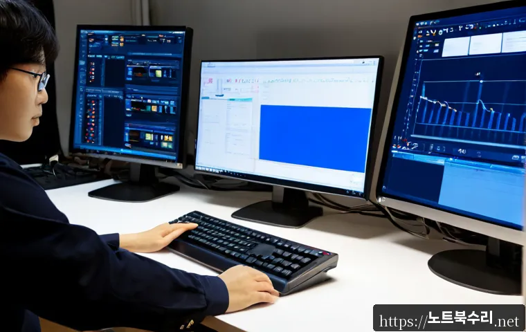 혜화동 STATUS_KERNEL_DEBUG_FAILURE - Photorealistic remote-support workstation in a compact Hyehwa neighborhood studio, dual monitors sho...