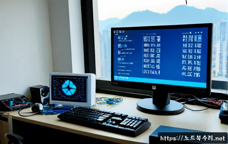 탄벌동 STATUS_KERNEL_DRIVER_CORRUPTION - Photorealistic PC repair workstation in a quiet Tanbeol-dong apartment office, dual monitors showing...