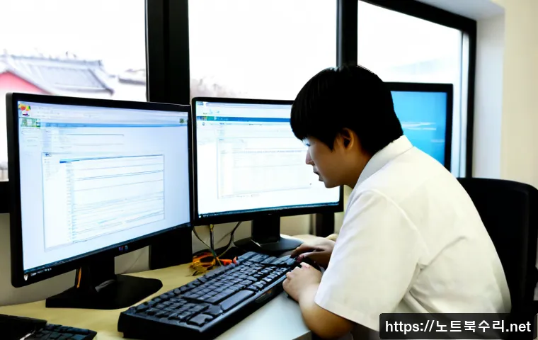 불로동 STATUS_KERNEL_MODULE_NOT_FOUND - Photorealistic IT support workstation in a compact modern office, dual monitors showing a text-free ...