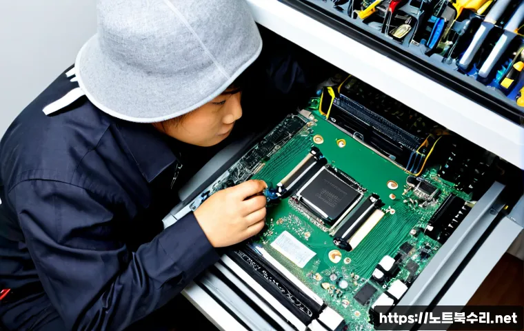 유천동 메인보드조립 및 교체수리 - Photorealistic computer repair workstation in Yucheon-dong, technician carefully installing a new mo...