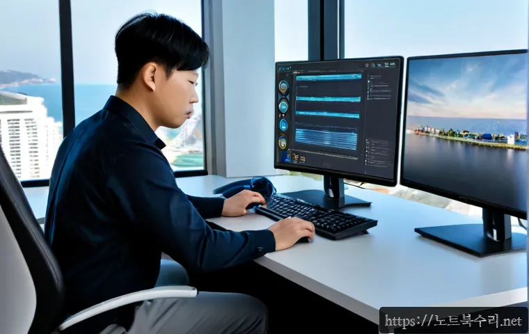 송도동 STATUS_DEVICE_NOT_READY - Photorealistic modern IT support workstation in a high-rise office overlooking a sleek coastal busin...