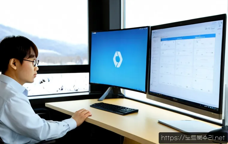 선원면 프로그램응답없음 - Photorealistic remote-support workstation in a quiet rural Korean office near Seonwon-myeon, focused...