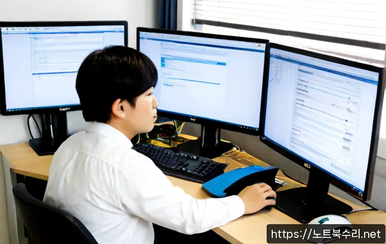 평택동 DRIVER_PORTION_MUST_BE_NONPAGED - Photorealistic IT support workstation in a compact Pyeongtaek neighborhood office, dual monitors sho...