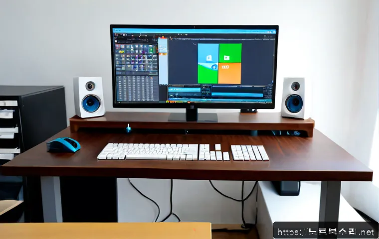 훈정동 STATUS_MODULE_CORRUPTION - Photorealistic remote-support workstation in a compact Hunjeong-dong design studio, dual monitors sh...