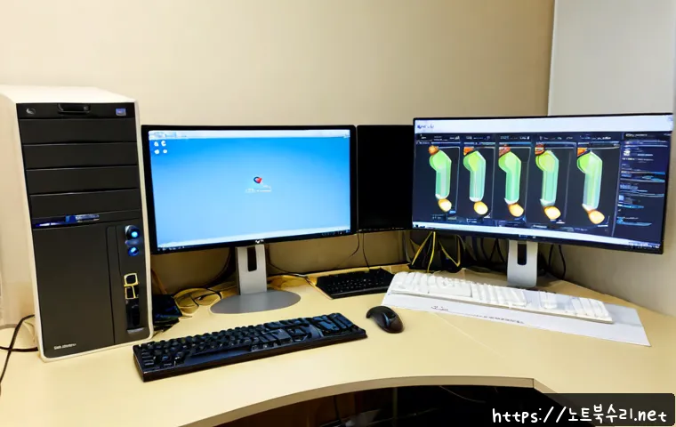 상산곡동 STATUS_STACK_BUFFER_OVERRUN - Photorealistic IT support workstation in a quiet Sangsan-gokdong apartment office, dual monitors sho...