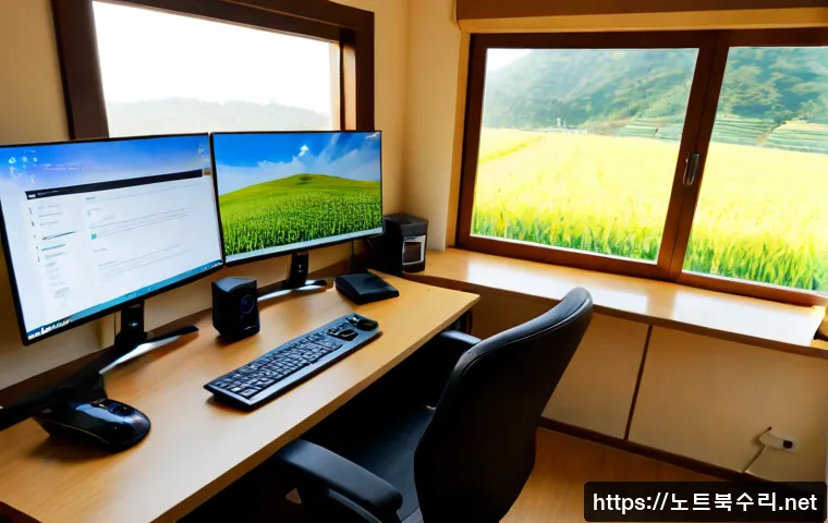 비봉면 절전모드 - Photorealistic remote-support workstation in a quiet semi-rural Korean home office, dual monitors di...