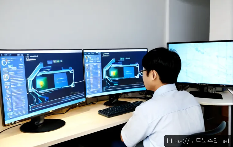 신봉동 STATUS_KERNEL_MODE_EXCEPTION - Photorealistic IT support workstation in a quiet hillside apartment district, dual monitors showing ...