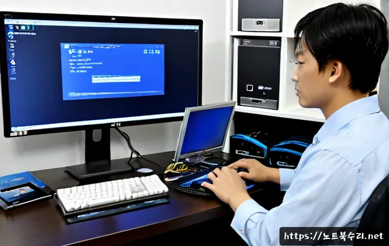 통복동 FAT_FILE_SYSTEM - Photorealistic IT support workstation in a compact neighborhood office near Tongbok-dong, technician...