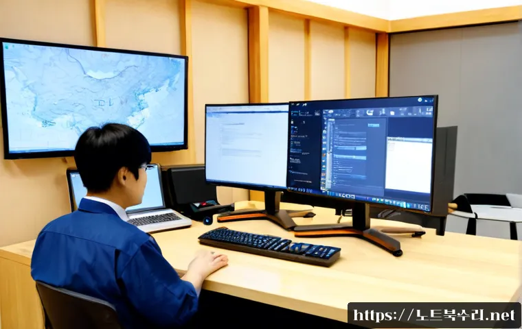 익선동 STATUS_FLOAT_DIVIDE_BY_ZERO - Photorealistic remote-support workstation in a renovated traditional Korean courtyard office, IT spe...