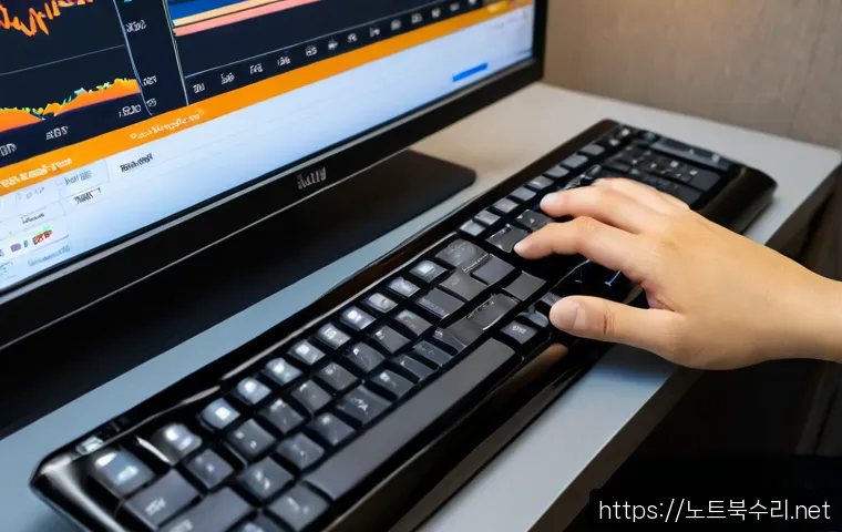 용강동 f4키 누르라고 할때 - Photorealistic remote-support workstation, close view of a hand pressing the fourth function key on ...