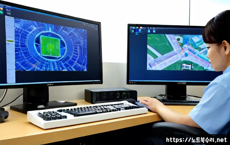 법원읍 케이블연결확인 - Photorealistic IT support workstation in a quiet Korean township office, technician carefully checki...