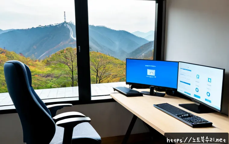 평창동 BAD_SYSTEM_CONFIG_INFO - Photorealistic IT support workstation in a quiet hillside home office, dual monitors showing an abst...