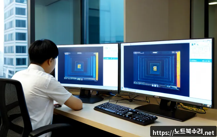 소사구 PFN_LIST_CORRUPT - Photorealistic IT support workstation in a compact Bucheon office, dual monitors showing a nonverbal...