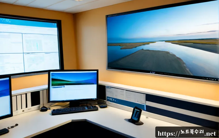 월곶면 STATUS_SECURITY_POLICY_VIOLATION - Photorealistic cybersecurity analyst at a modern workstation in a quiet coastal township office, dua...