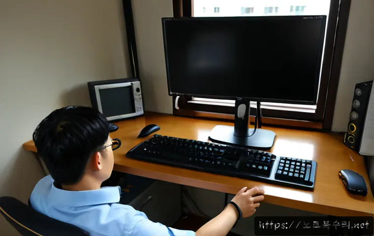 공촌동 INTERNAL_POWER_ERROR - Photorealistic remote-support workstation in a compact Geomchon-dong apartment office, desktop tower...