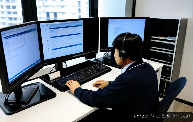 연다산동 STATUS_RESOURCE_NOT_OWNED - Photorealistic IT support workstation in a quiet Daesan-dong apartment office, dual monitors showing...