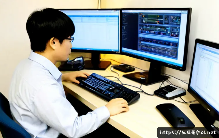 원종동 STATUS_INVALID_LOCK_SEQUENCE - Photorealistic IT support workstation in a compact apartment office, dual monitors showing abstract ...