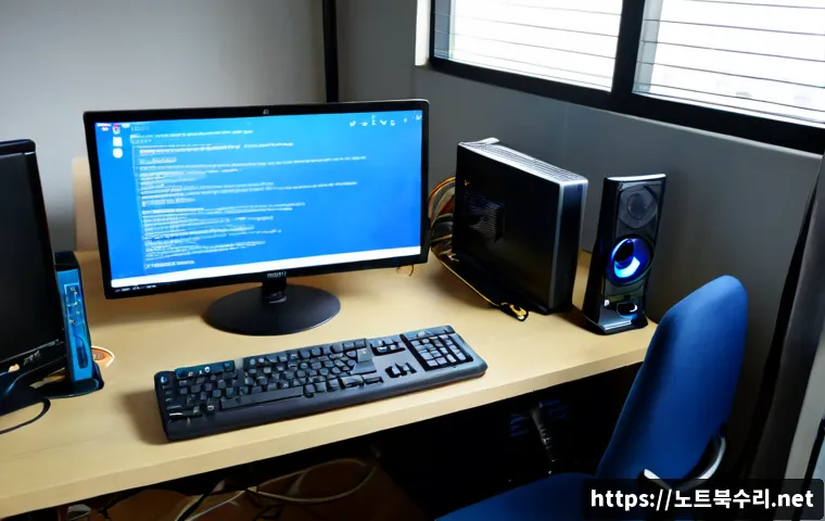 율천동 UNMOUNTABLE_BOOT_VOLUME - Photorealistic remote-support workstation in a compact Yulcheon-dong apartment office, desktop monit...