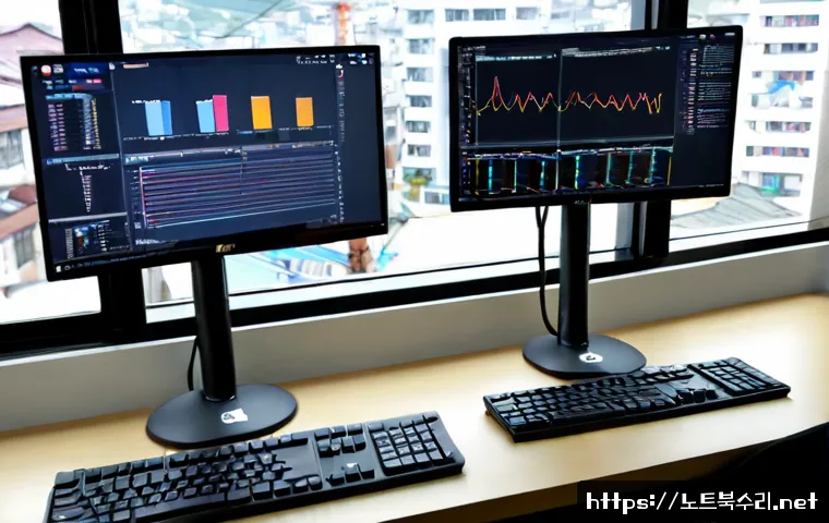 송포동 SESSION_HAS_NO_PAGEFILE - Photorealistic IT support workstation in Songpo-dong, dual monitors showing abstract system resource...