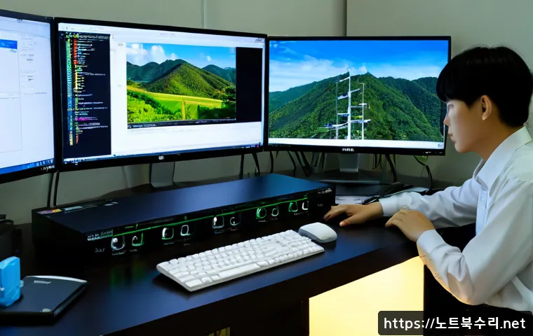 우면동 STATUS_STACK_BUFFER_OVERRUN - Photorealistic IT support workstation in a quiet Seoul suburban office near wooded foothills, dual m...