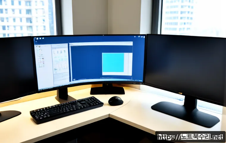 발산동 UNEXPECTED_KERNEL_MODE_TRAP - Photorealistic IT support workstation in a compact Balsan-dong design office, dual monitors showing ...